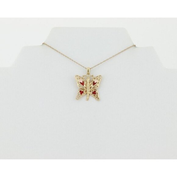 14k Yellow Gold Butterfly Necklace Pink and Red Enamel 18" Chain - Picture 5 of 8